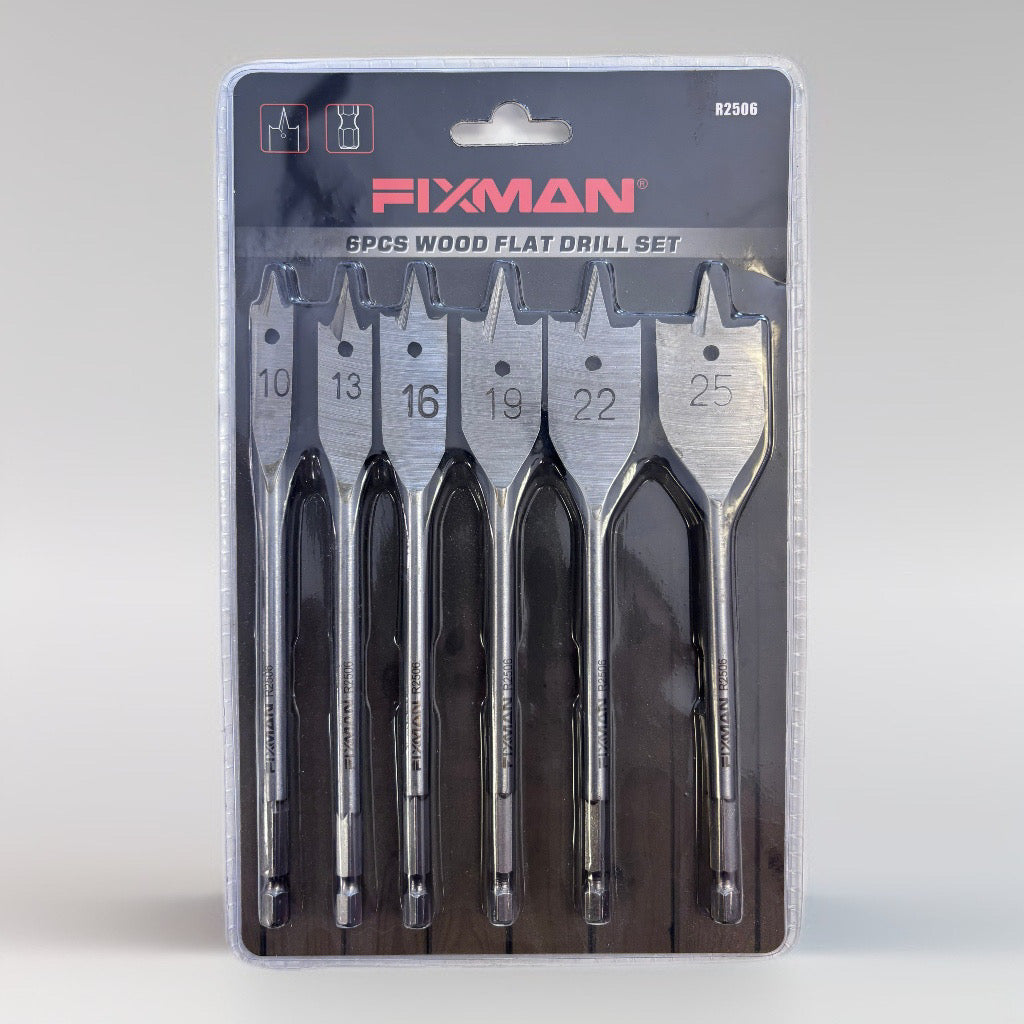 6-Piece Spade Drill Bit Set for Wood (10–25mm / 6" Length), Professional Flat Wood Boring Bit Kit with 1/4" Quick-Change Hex Shank for Electric Drills & Impact Drivers